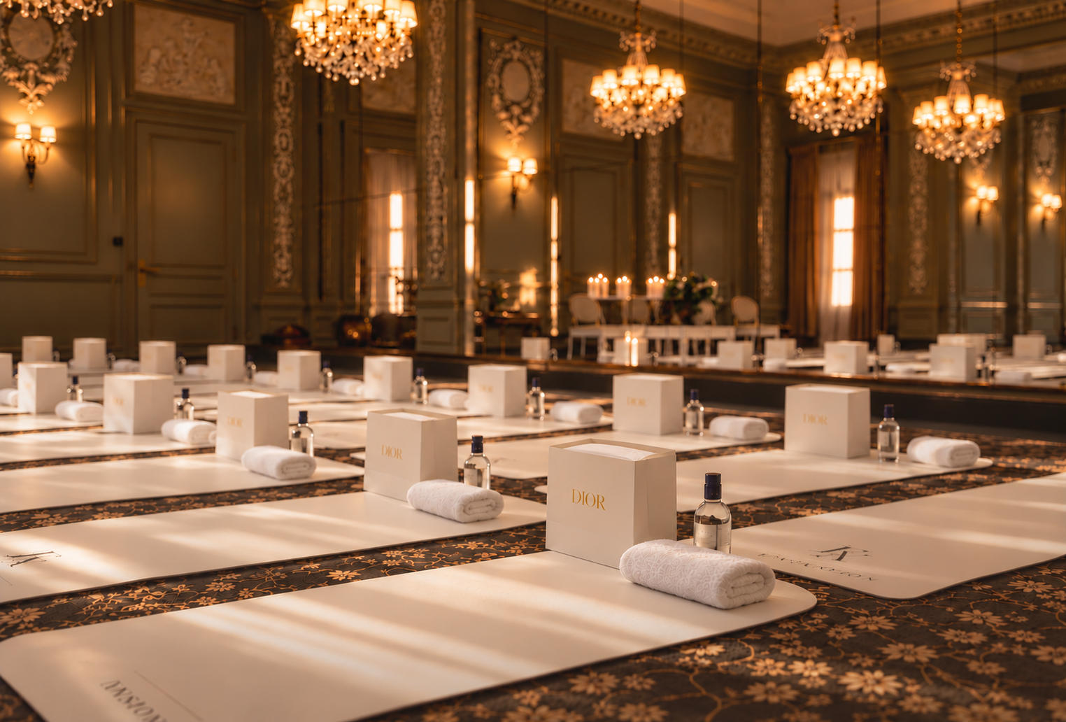 Salon doré d'un hôtel parisien préparé pour une séance bien-être : rangées de tapis blancs, serviettes et sacs DIOR, lustres en cristal dans une lumière ambrée