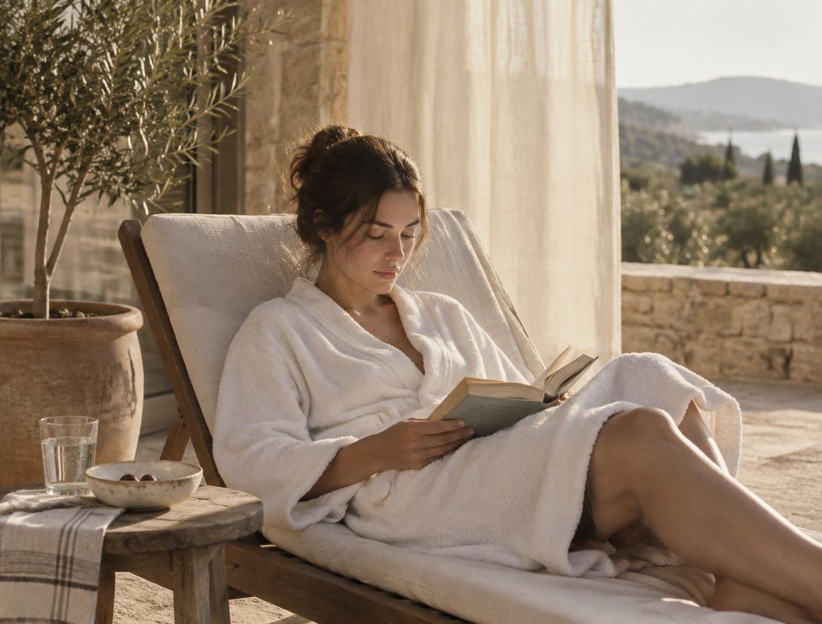 Femme en peignoir blanc lisant un livre sur un transat en terrasse, lumière douce et oliviers au loin